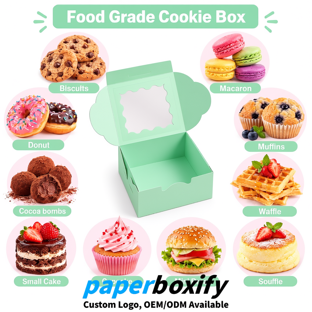 Mint Green Paper Cookie Boxes with Window and Stickers 4x4x2.5 inch