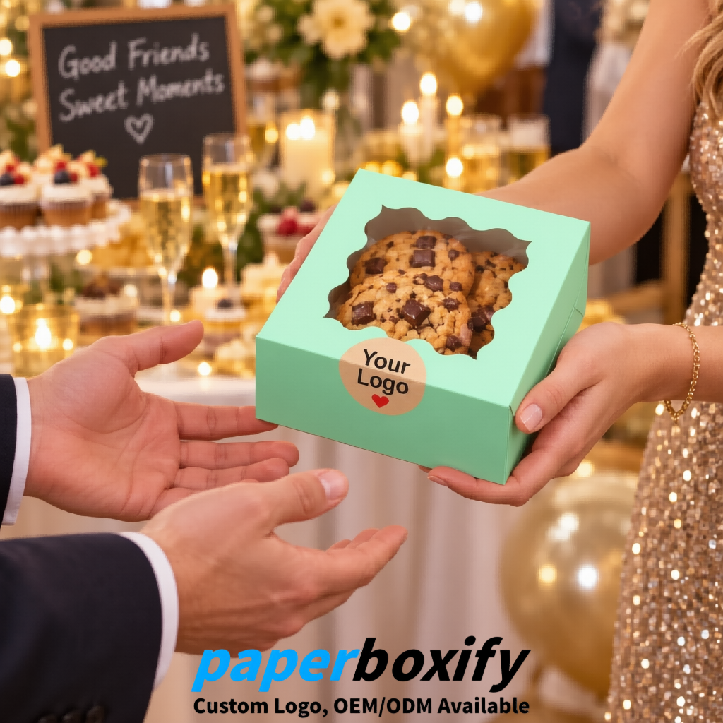 Mint Green Paper Cookie Boxes with Window and Stickers 4x4x2.5 inch