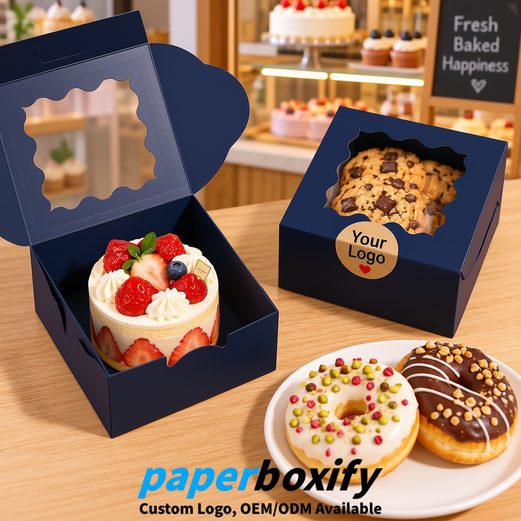 Navy Blue Paper Cookie Boxes with Window and Stickers 4x4x2.5 inch