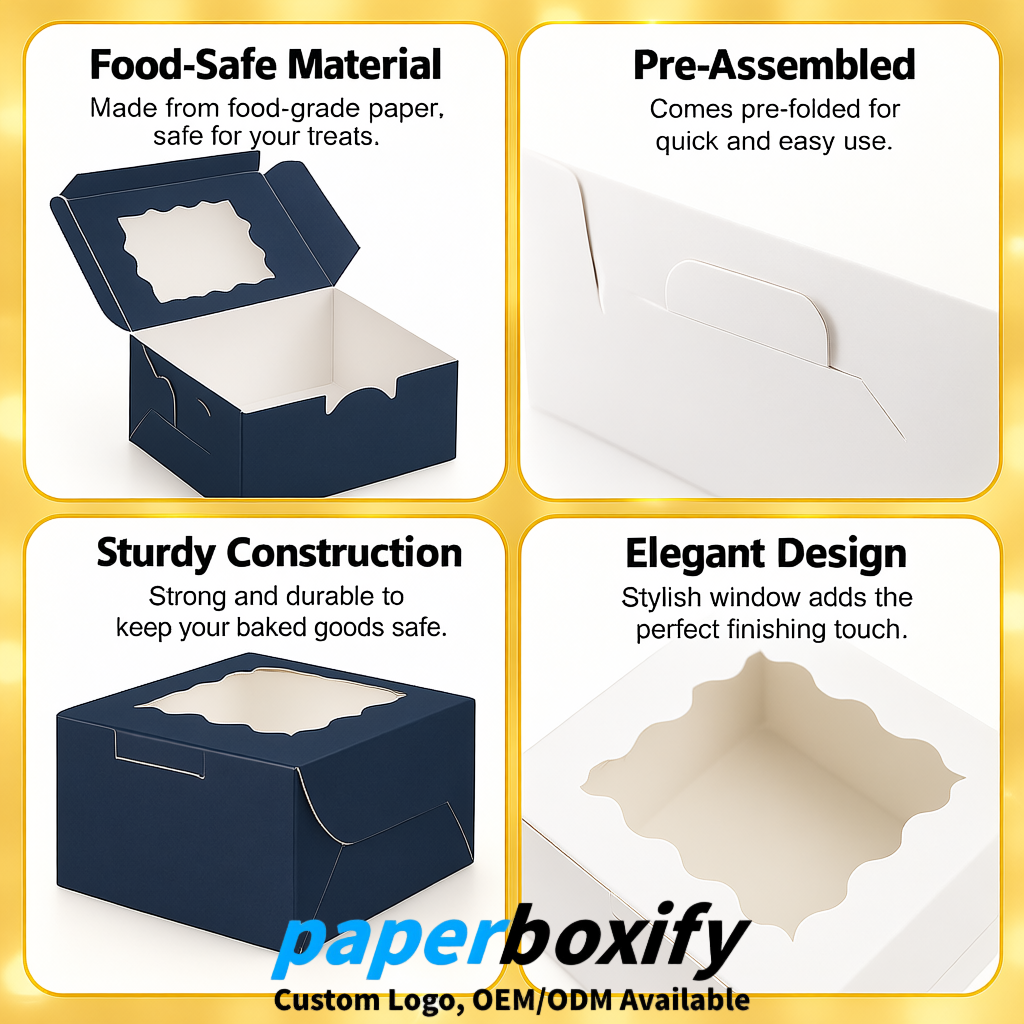 Navy Blue Paper Cookie Boxes with Window and Stickers 4x4x2.5 inch