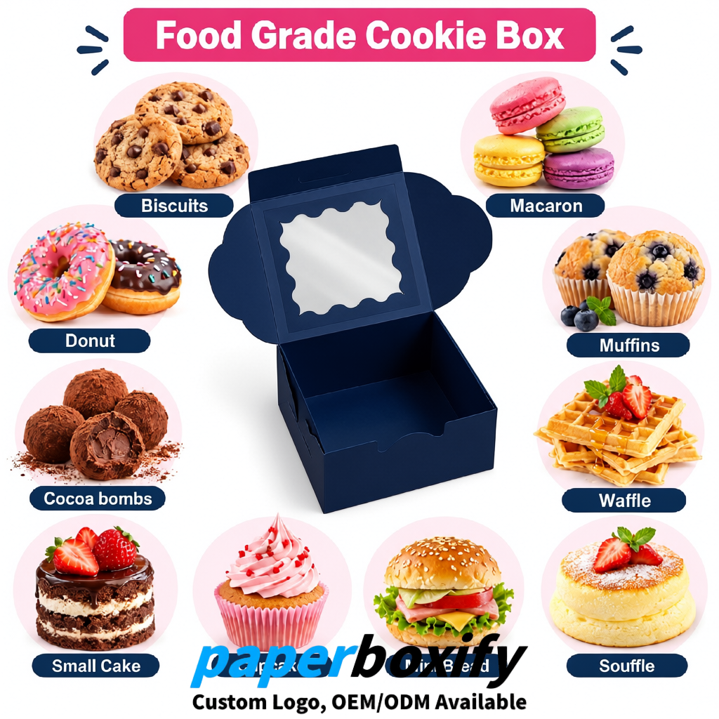 Navy Blue Paper Cookie Boxes with Window and Stickers 4x4x2.5 inch
