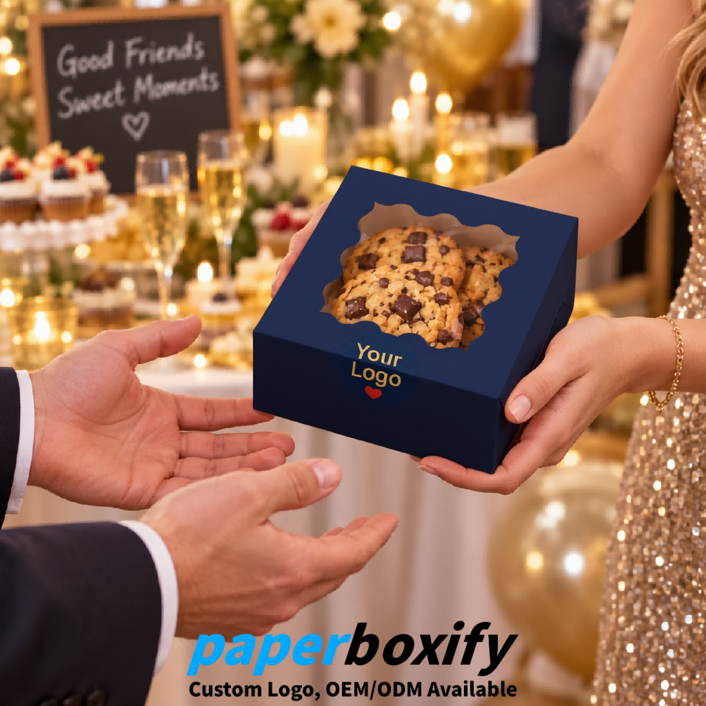 Navy Blue Paper Cookie Boxes with Window and Stickers 4x4x2.5 inch