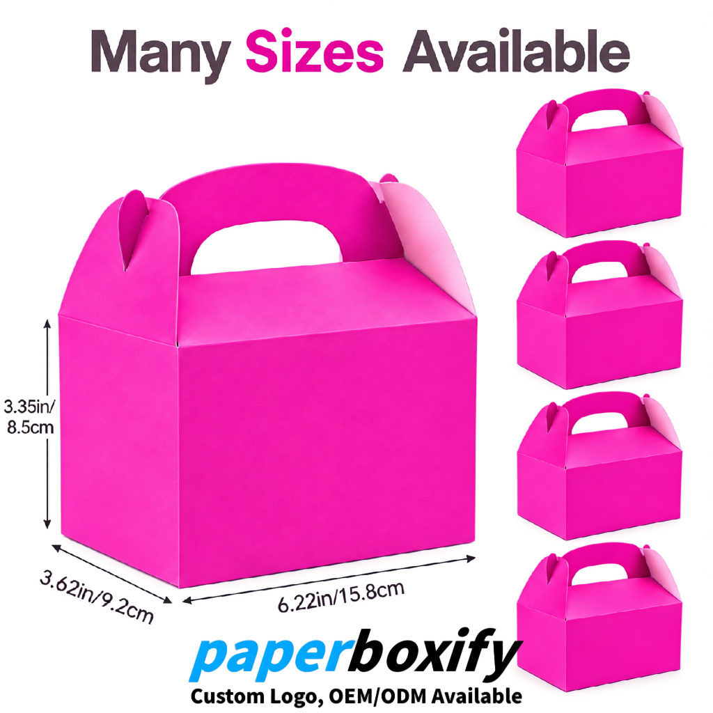 Neon Pink Gable Boxes with Handles 6.22x3.35x3.62 inch Kraft Paper Party Favors Boxes in Bulk