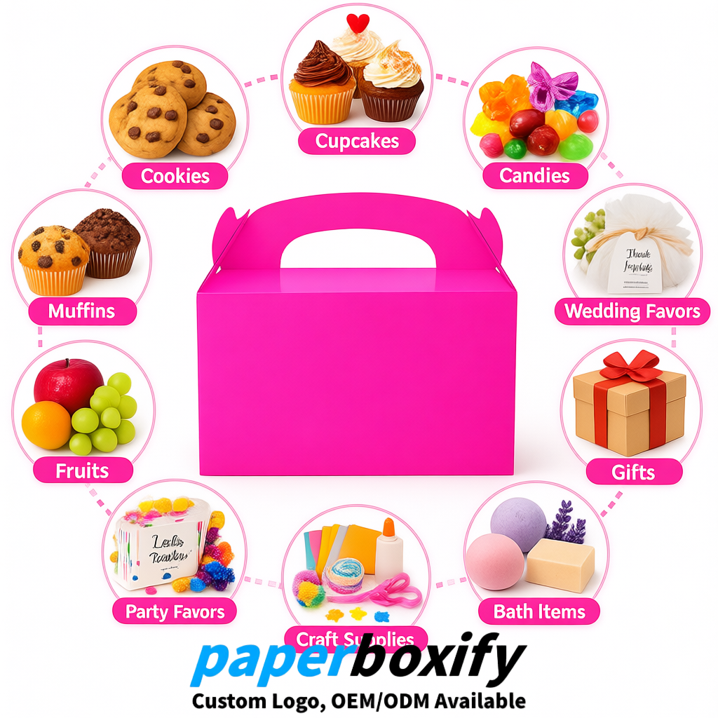 Neon Pink Gable Boxes with Handles 6.22x3.35x3.62 inch Kraft Paper Party Favors Boxes in Bulk Neon Pink Gable Boxes with Handles 6.22x3.35x3.62 inch Kraft Paper Party Favors Boxes in Bulk