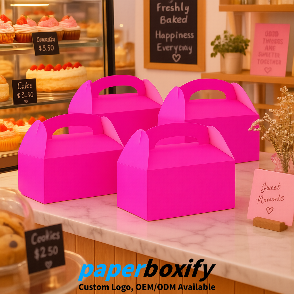 Neon Pink Gable Boxes with Handles 6.22x3.35x3.62 inch Kraft Paper Party Favors Boxes in Bulk
