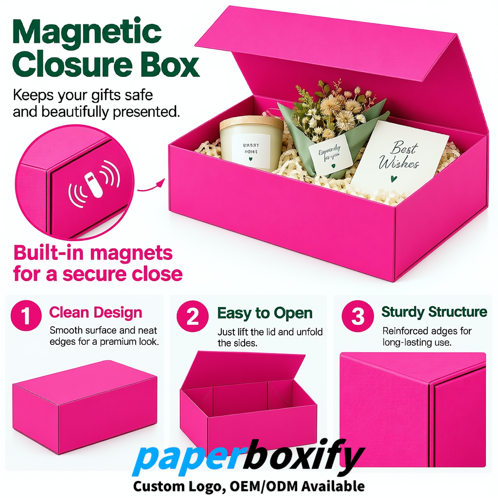 Neon Pink Magnetic Closure Gift Box​ with Ribbon 13.8x9x4.3 inch Luxury Large Storage Box