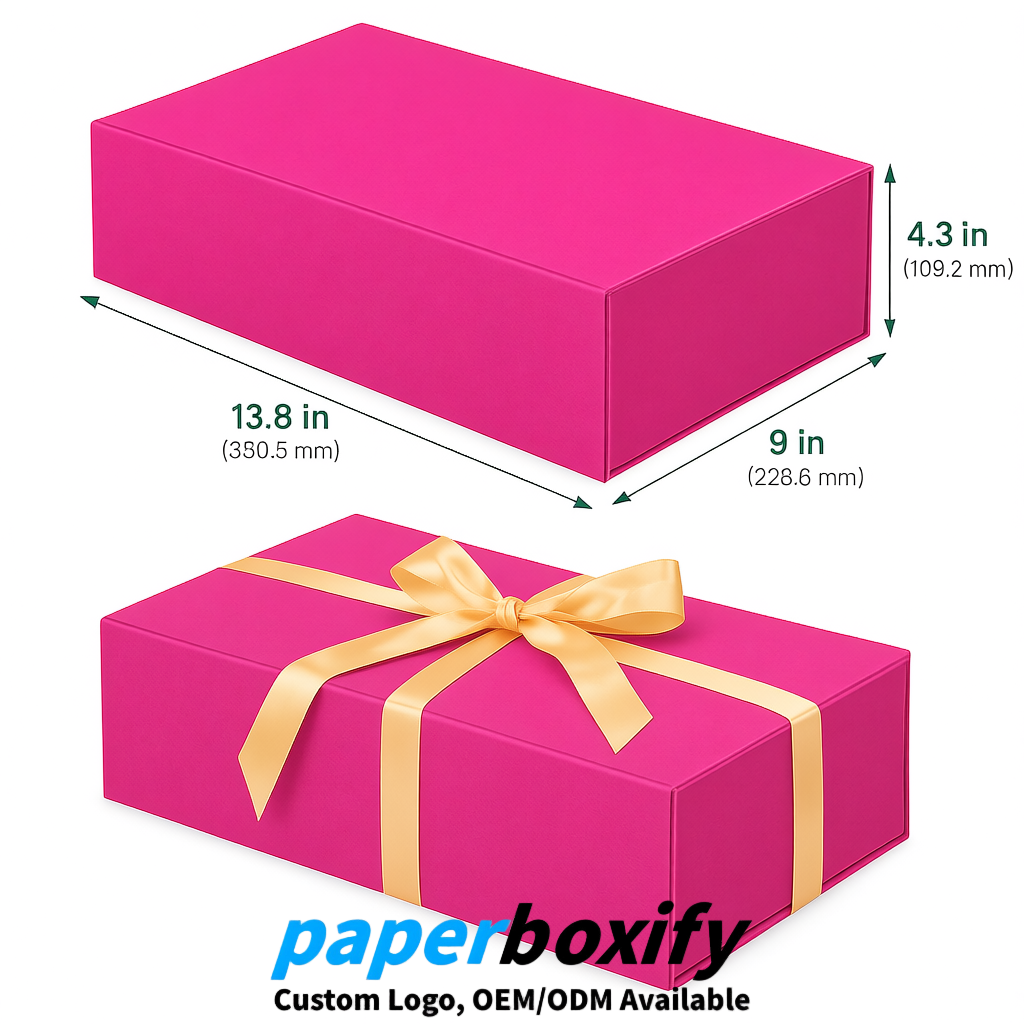 Neon Pink Magnetic Closure Gift Box with Ribbon 13.8x9x4.3 inch Luxury Large Storage Box