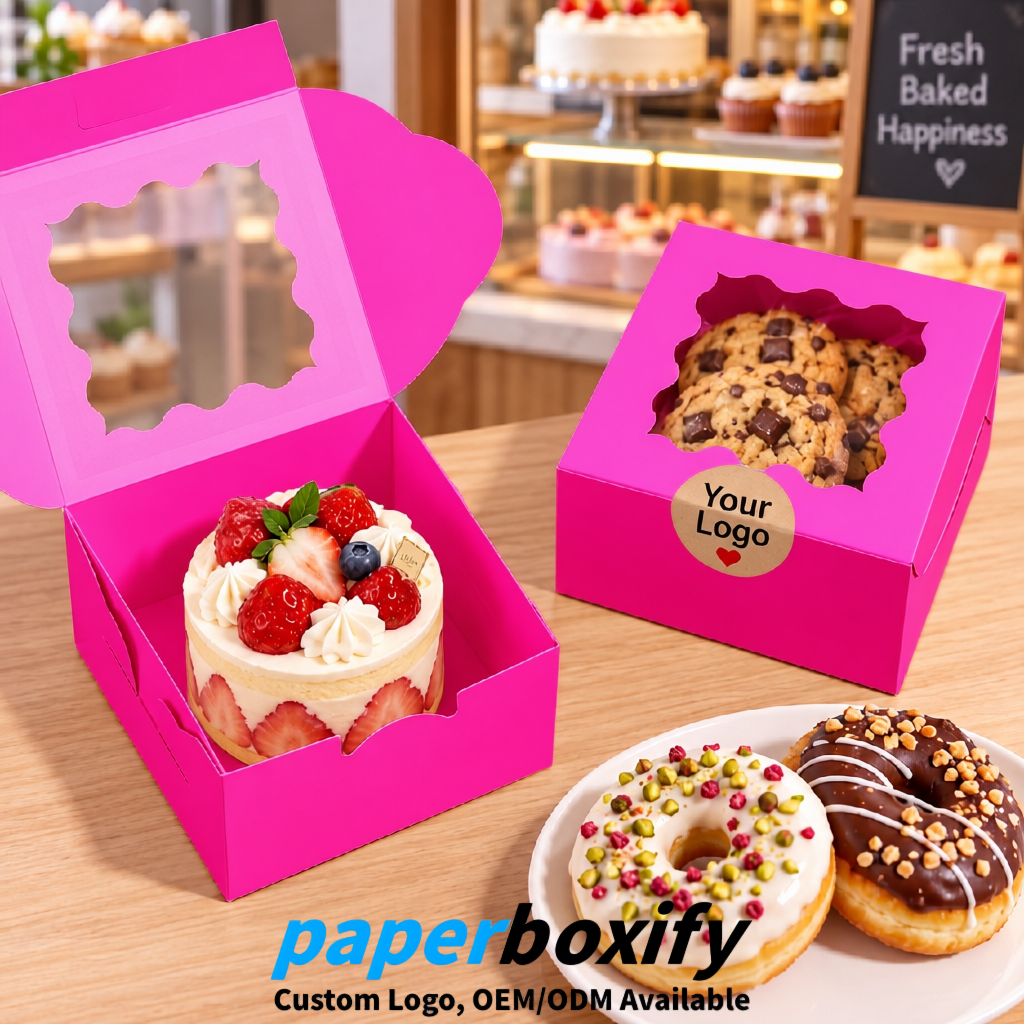 Neon Pink Paper Cookie Boxes with Window and Stickers 4x4x2.5 inch