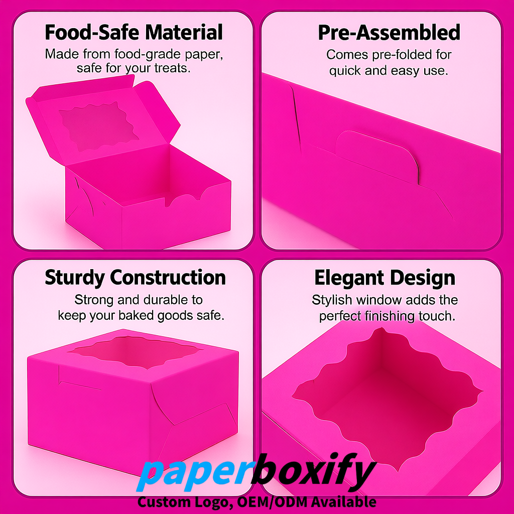 Neon Pink Paper Cookie Boxes with Window and Stickers 4x4x2.5 inch