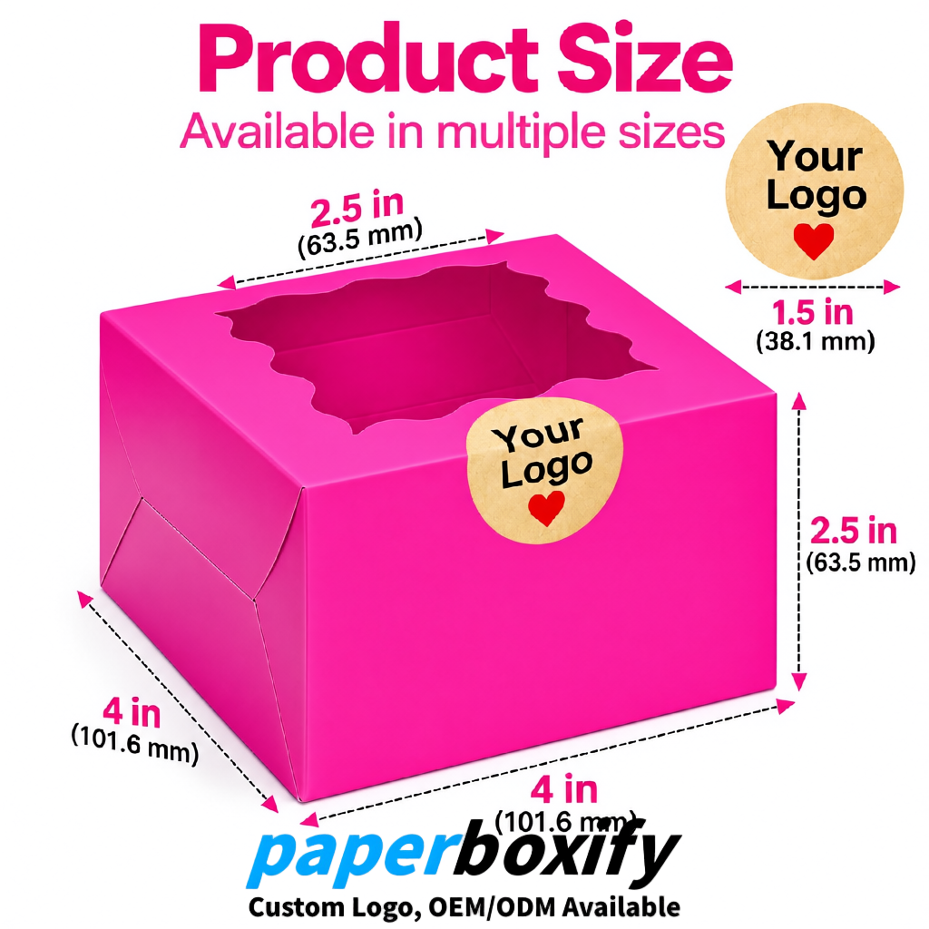 Neon Pink Paper Cookie Boxes with Window and Stickers 4x4x2.5 inch