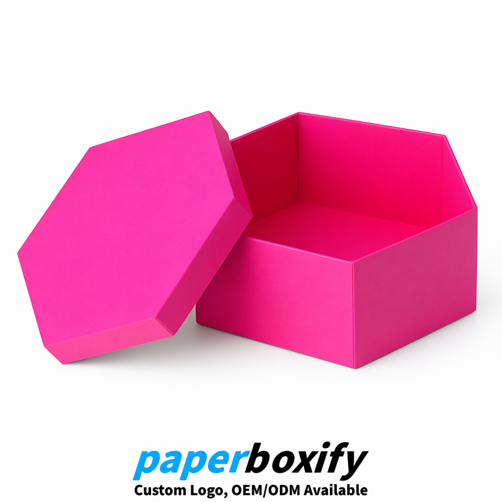 Neon Pink Paper Hexagon Box with Lid - Biodegrade Paper Mache Gift Boxes Manufacturer