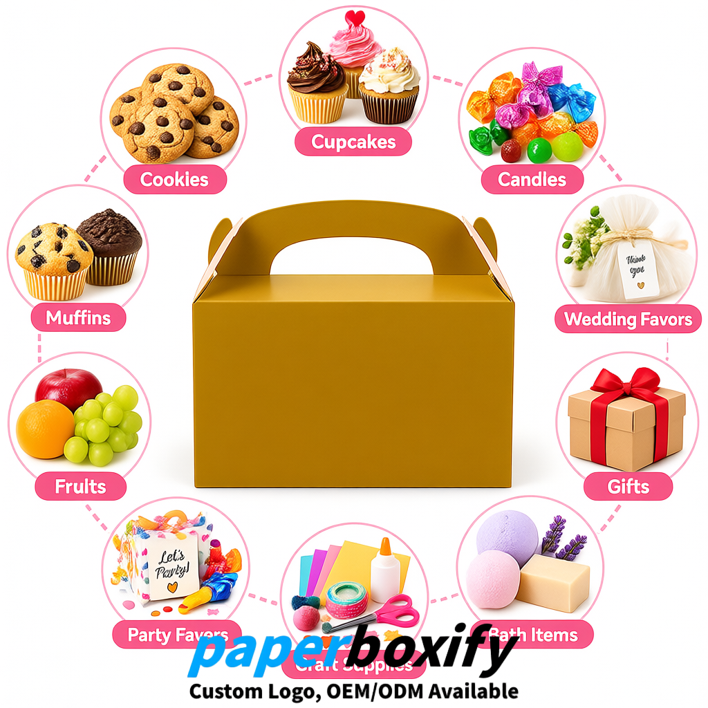 Ochre Gable Boxes with Handles 6.22x3.35x3.62 inch Kraft Paper Party Favors Boxes in Bulk