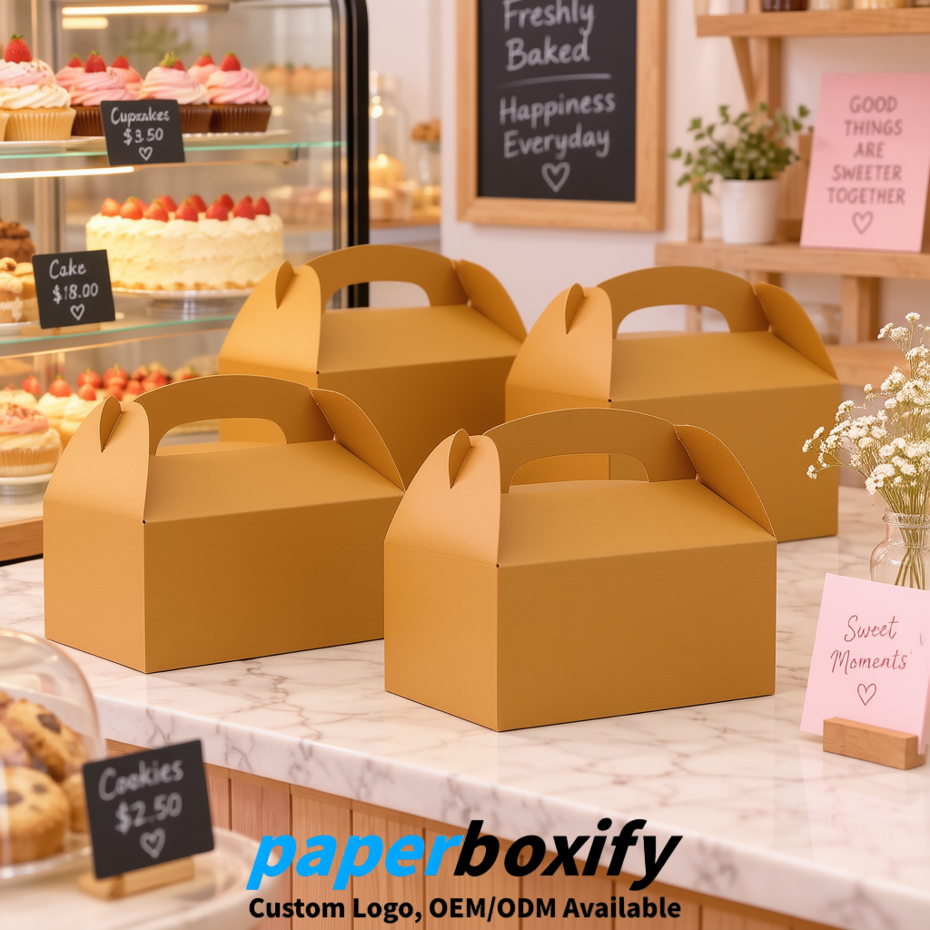 Ochre Gable Boxes with Handles 6.22x3.35x3.62 inch Kraft Paper Party Favors Boxes in Bulk