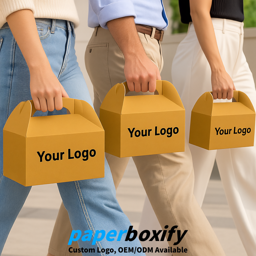 Ochre Gable Boxes with Handles 6.22x3.35x3.62 inch Kraft Paper Party Favors Boxes in Bulk