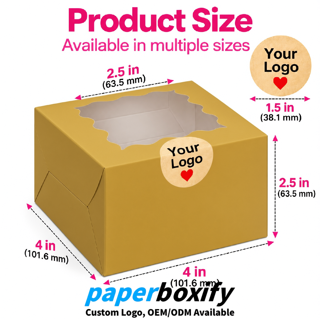 Ochre Paper Cookie Boxes with Window and Stickers 4x4x2.5 inch