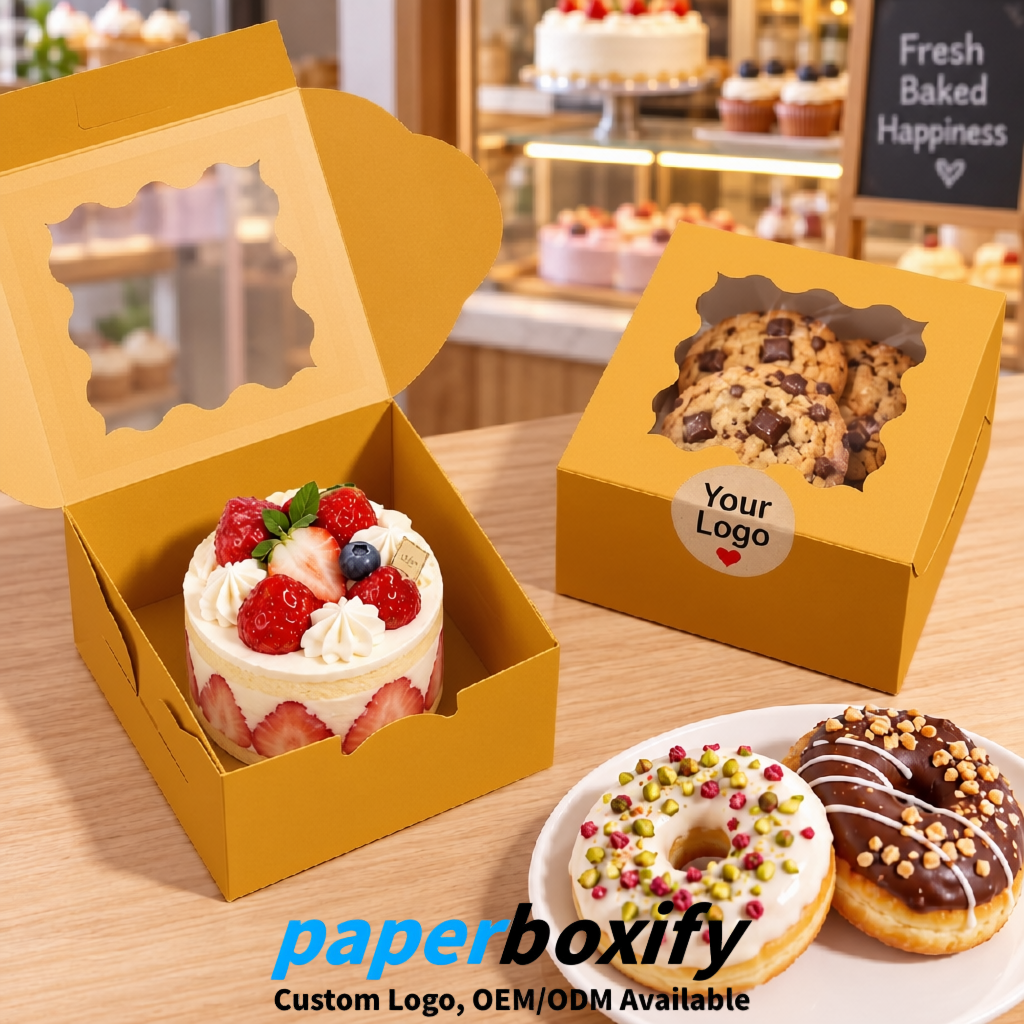 Ochre Paper Cookie Boxes with Window and Stickers 4x4x2.5 inch