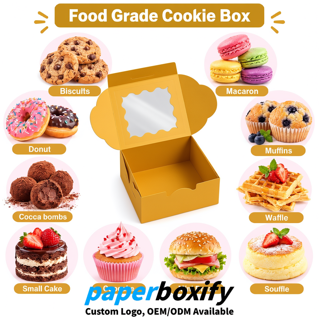 Ochre Paper Cookie Boxes with Window and Stickers 4x4x2.5 inch
