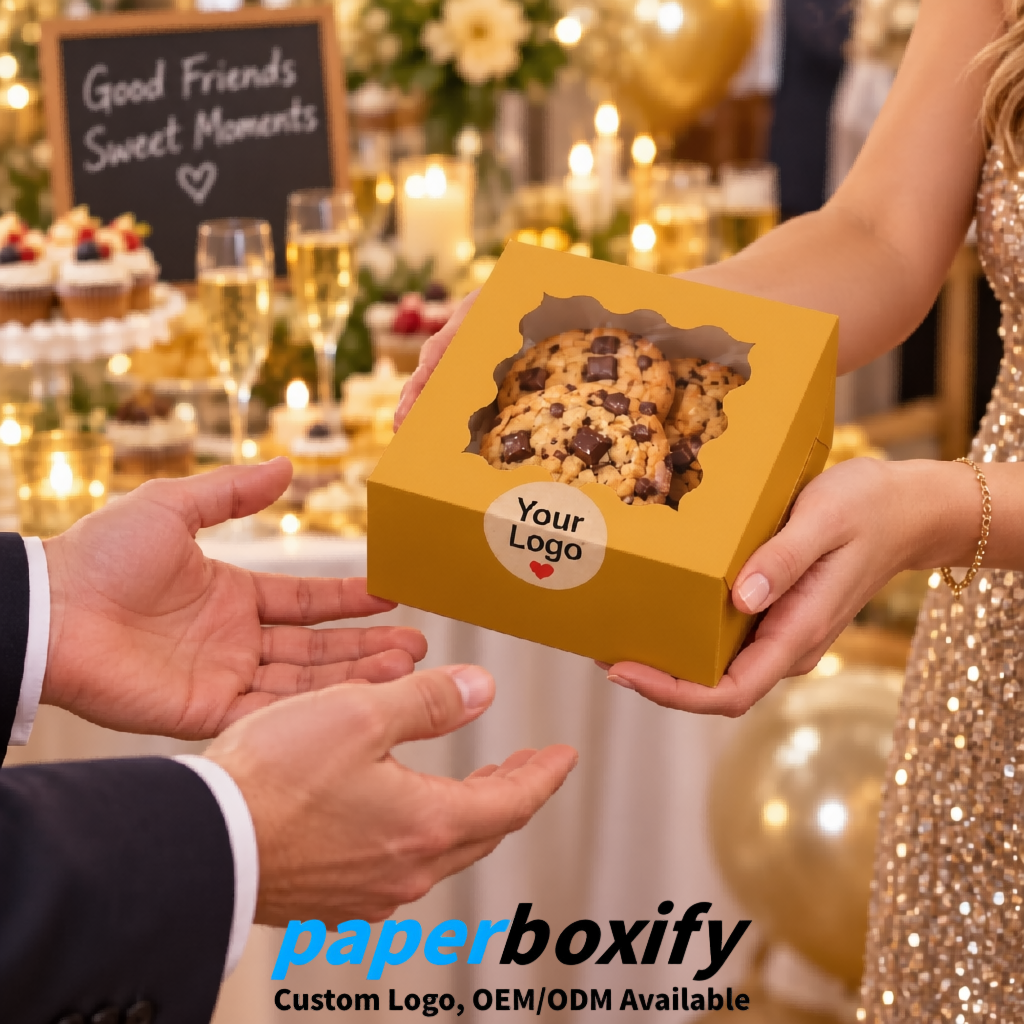 Ochre Paper Cookie Boxes with Window and Stickers 4x4x2.5 inch