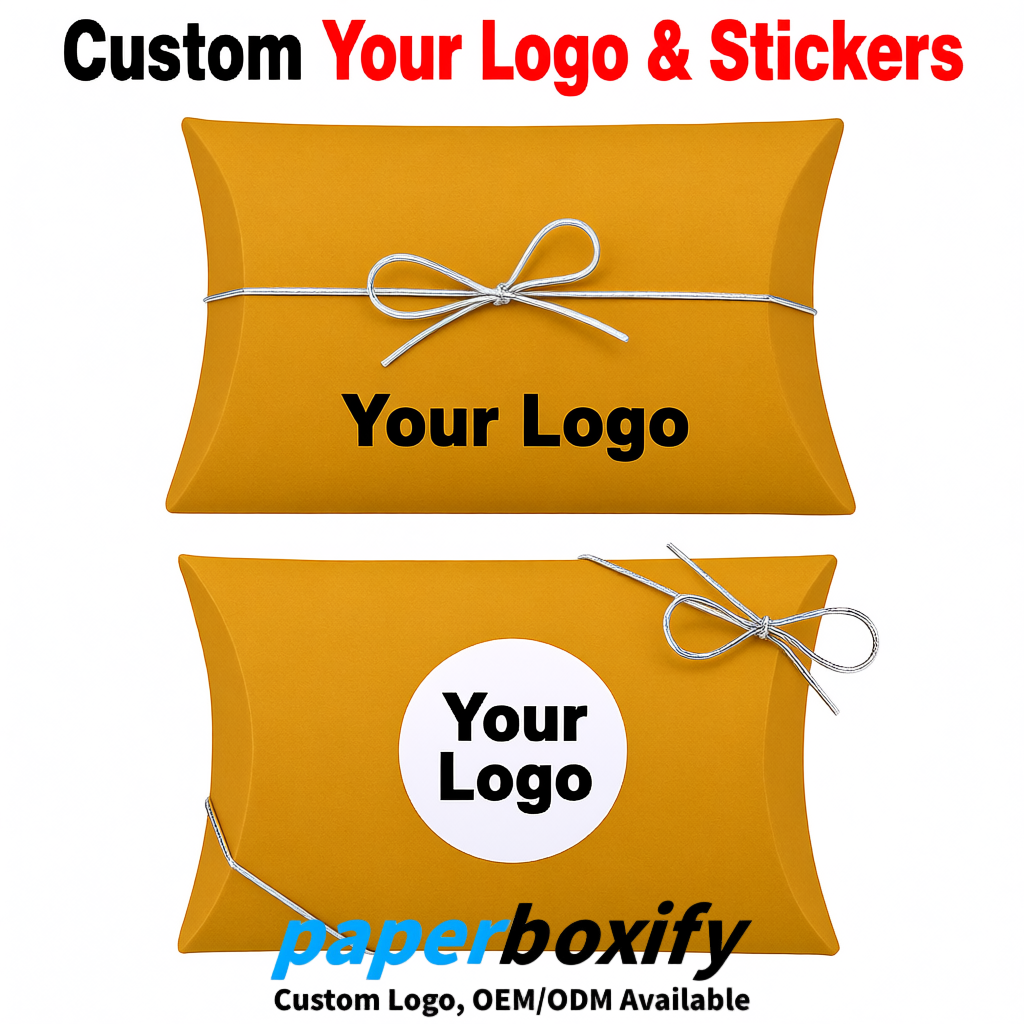 Bulk Ochre Kraft Pillow Gift Boxes with Ties 4.7x3x1 inch for Candy & Favors