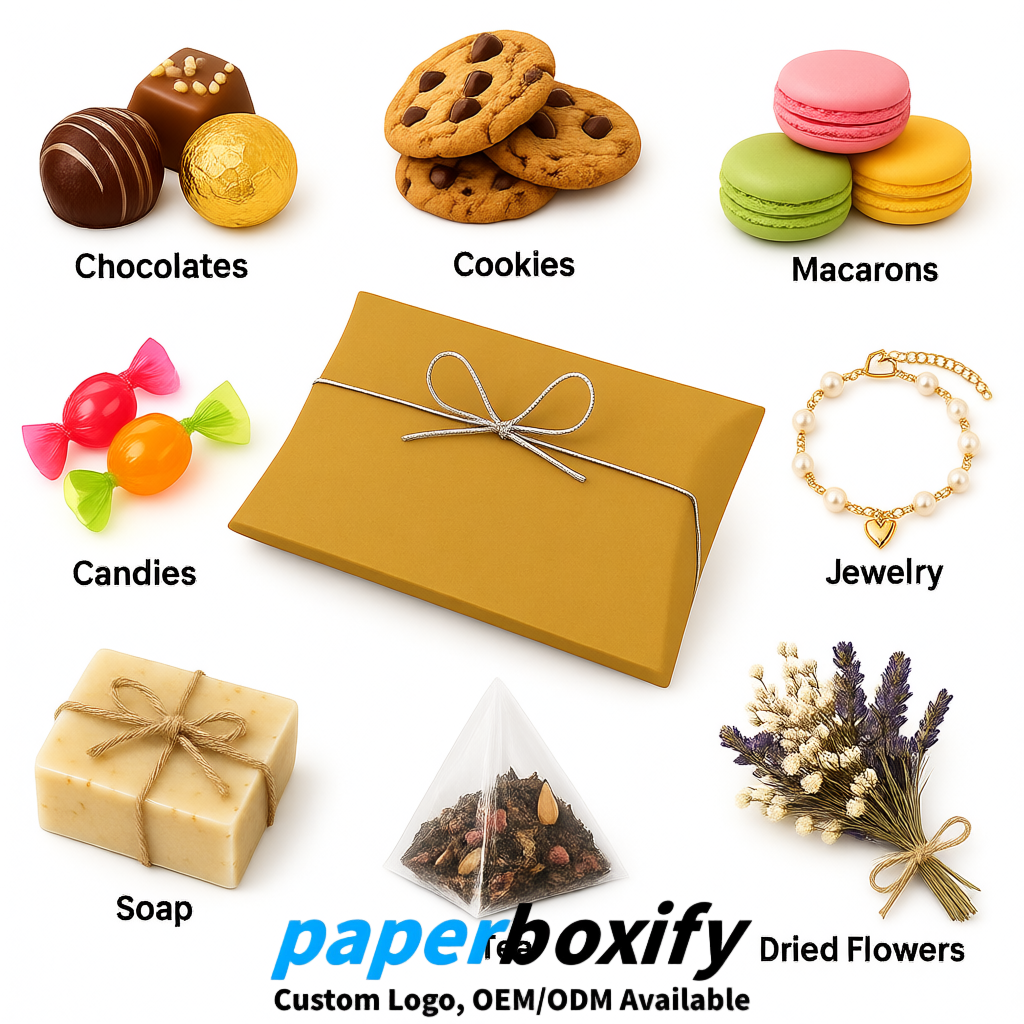 Bulk Ochre Kraft Pillow Gift Boxes with Ties 4.7x3x1 inch for Candy & Favors