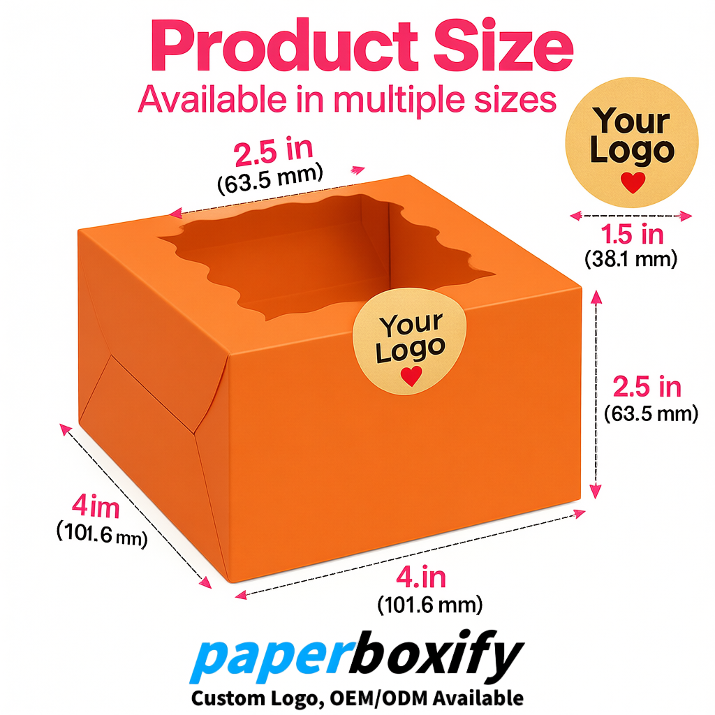 Orange Paper Cookie Boxes with Window and Stickers 4x4x2.5 inch
