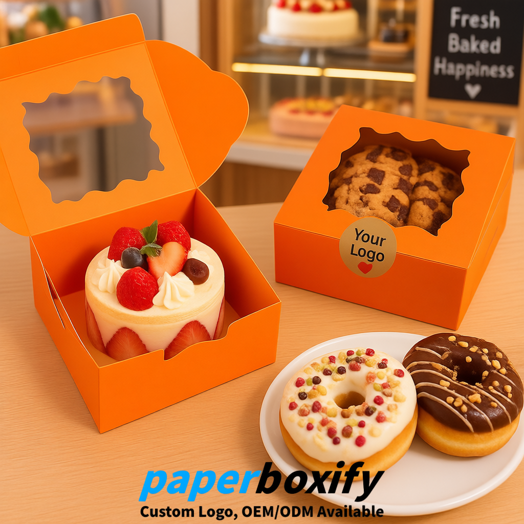 Orange Paper Cookie Boxes with Window and Stickers 4x4x2.5 inch