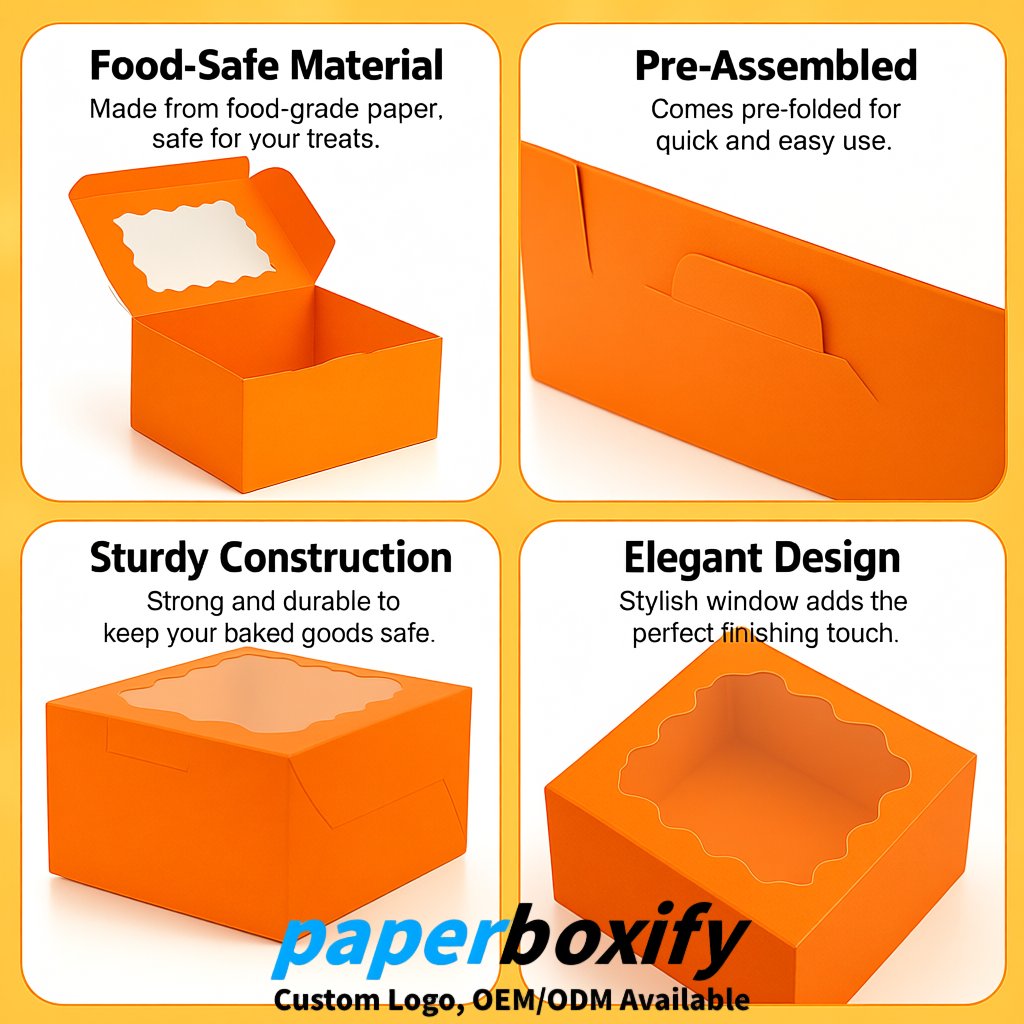 Orange Paper Cookie Boxes with Window and Stickers 4x4x2.5 inch