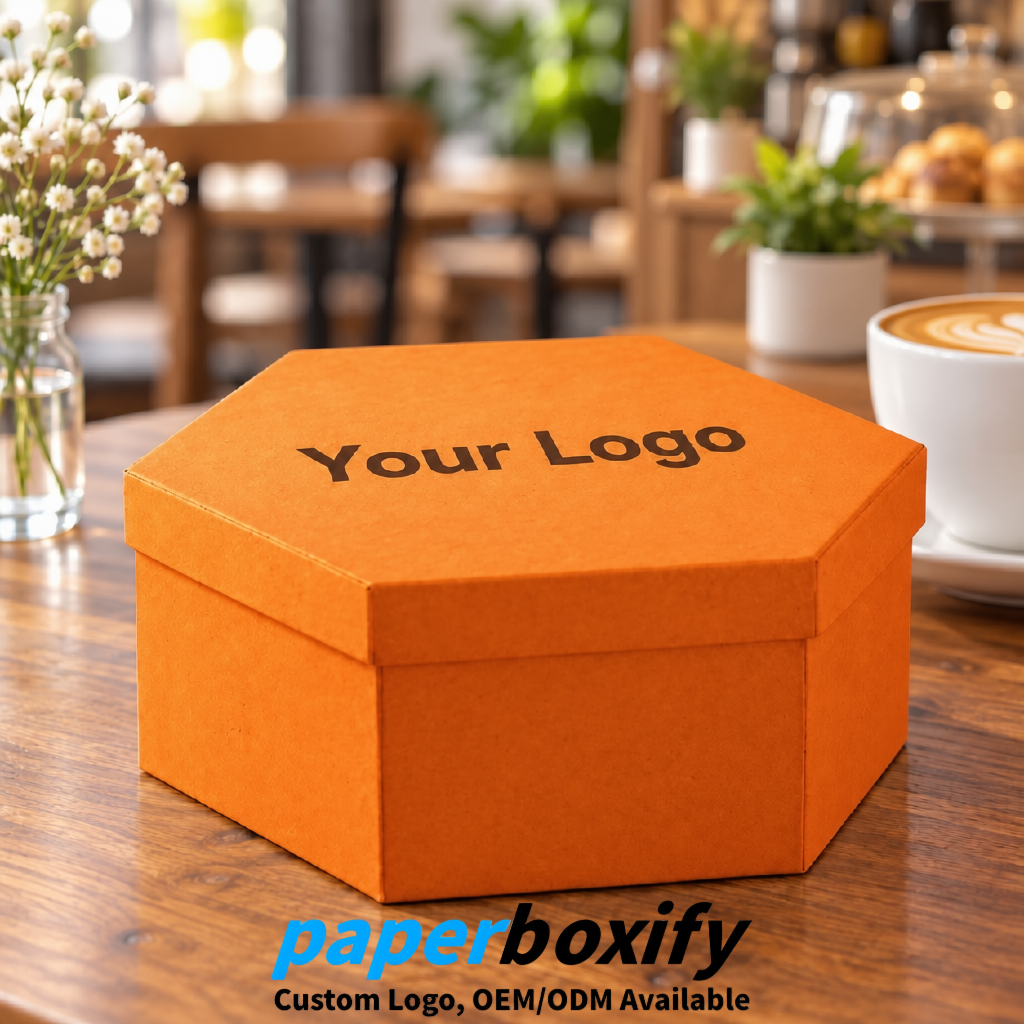 Orange Paper Hexagon Box with Lid - Biodegrade Paper Mache Gift Boxes Manufacturer