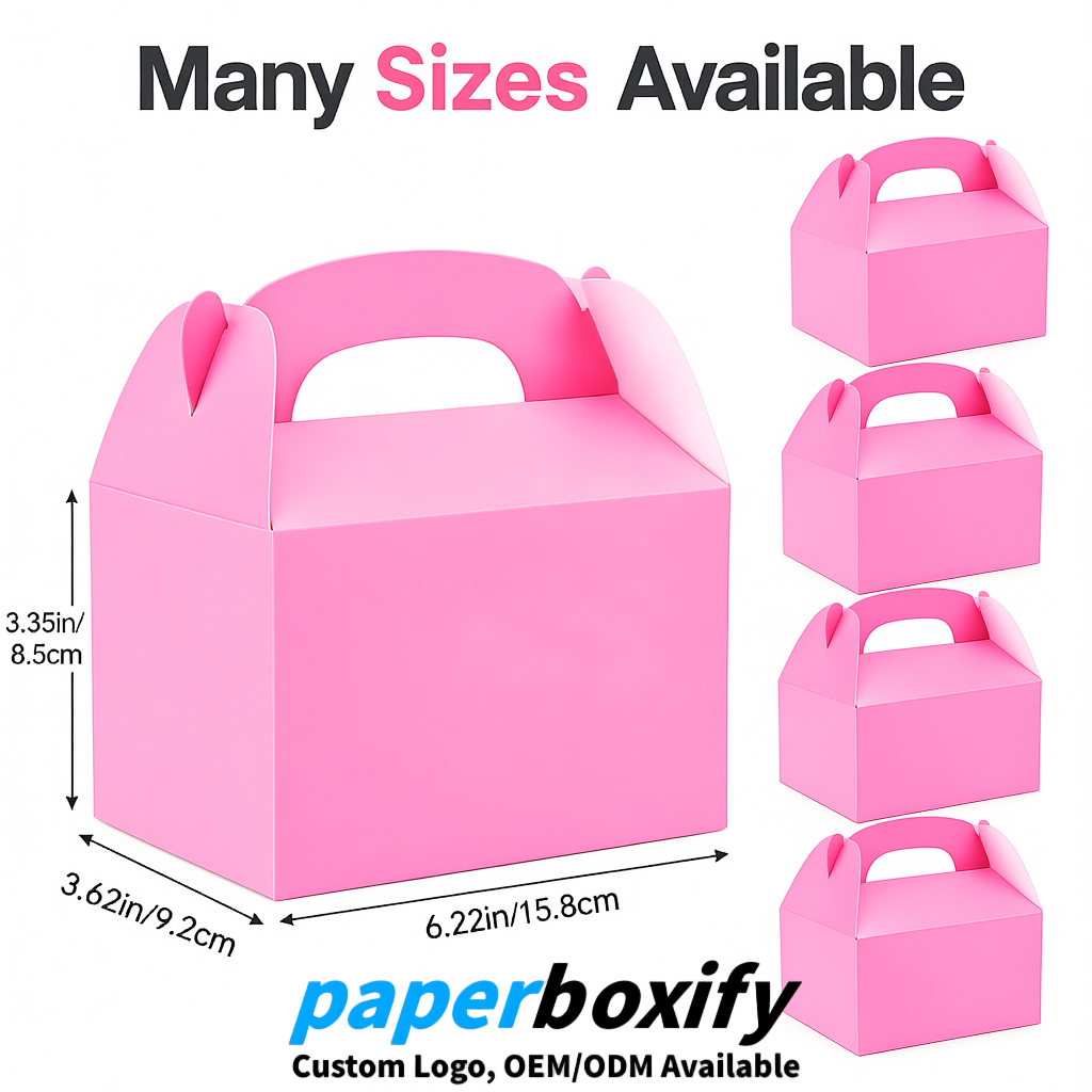 Pink Gable Boxes with Handles 6.22x3.35x3.62 inch Kraft Paper Party Favors Boxes in Bulk