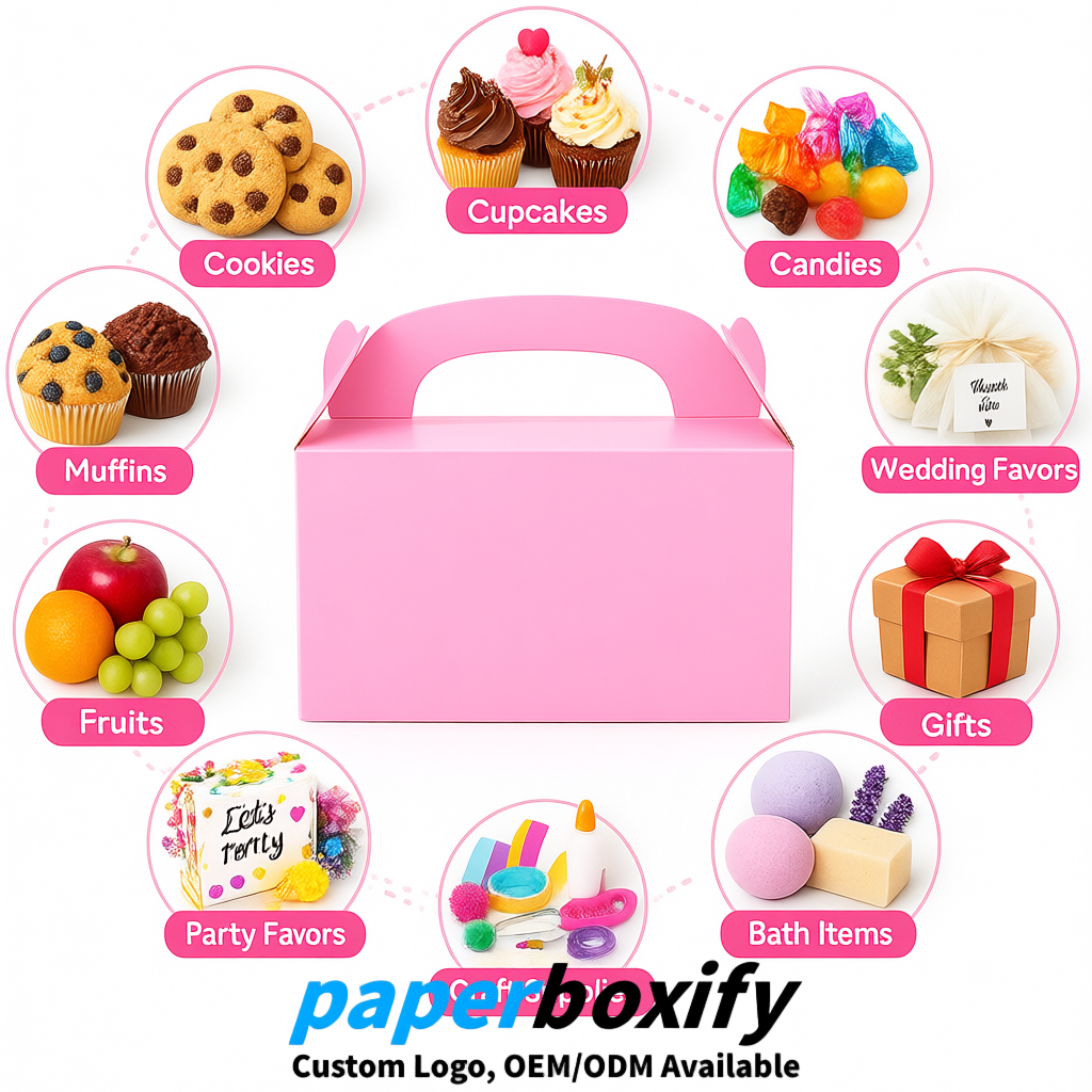 Pink Gable Boxes with Handles 6.22x3.35x3.62 inch Kraft Paper Party Favors Boxes in Bulk