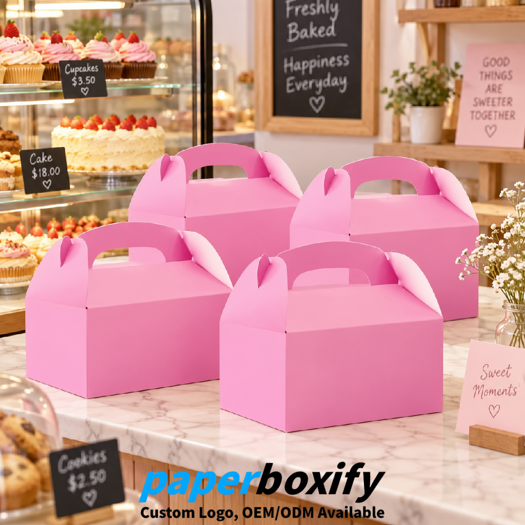 Pink Gable Boxes with Handles 6.22x3.35x3.62 inch Kraft Paper Party Favors Boxes in Bulk