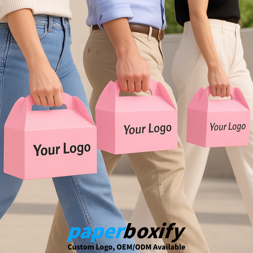 Pink Gable Boxes with Handles 6.22x3.35x3.62 inch Kraft Paper Party Favors Boxes in Bulk