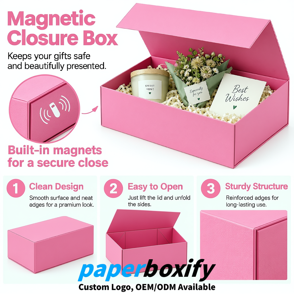 Pink Magnetic Closure Gift Box with Ribbon 13.8x9x4.3 inch Luxury Large Storage Box