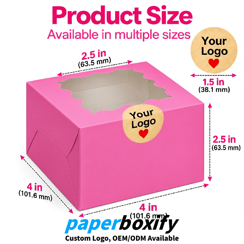 Pink Paper Cookie Boxes with Window and Stickers 4x4x2.5 inch