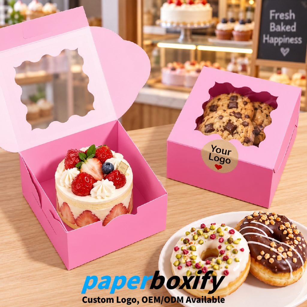 Pink Paper Cookie Boxes with Window and Stickers 4x4x2.5 inch