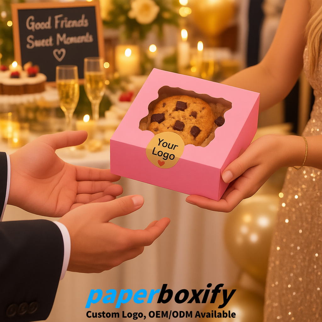 Pink Paper Cookie Boxes with Window and Stickers 4x4x2.5 inch