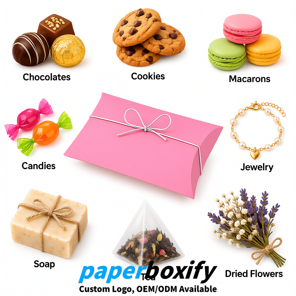 Bulk Pink Kraft Pillow Gift Boxes with Ties 4.7x3x1 inch for Candy & Favors
