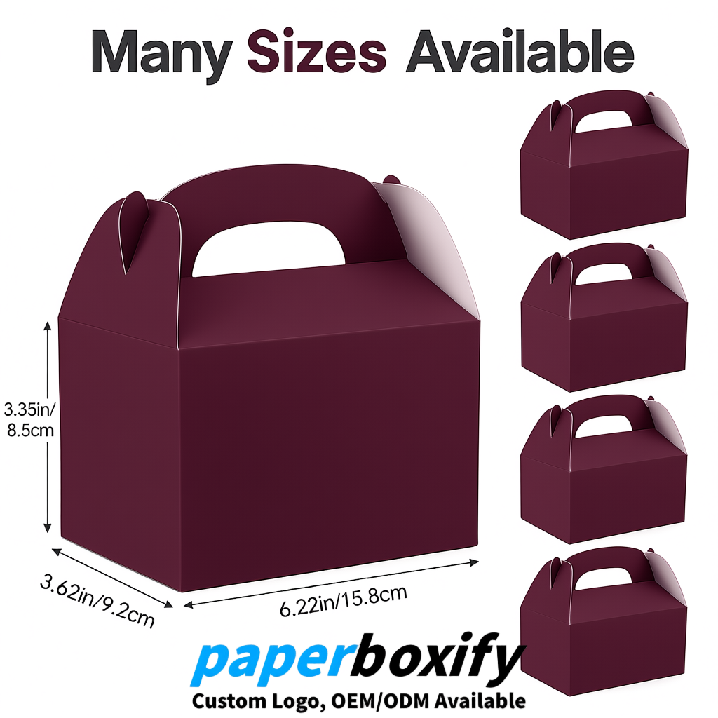 Plum Gable Boxes with Handles 6.22x3.35x3.62 inch Kraft Paper Party Favors Boxes in Bulk