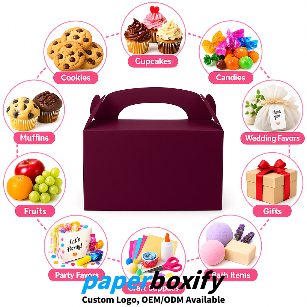 Plum Gable Boxes with Handles 6.22x3.35x3.62 inch Kraft Paper Party Favors Boxes in Bulk