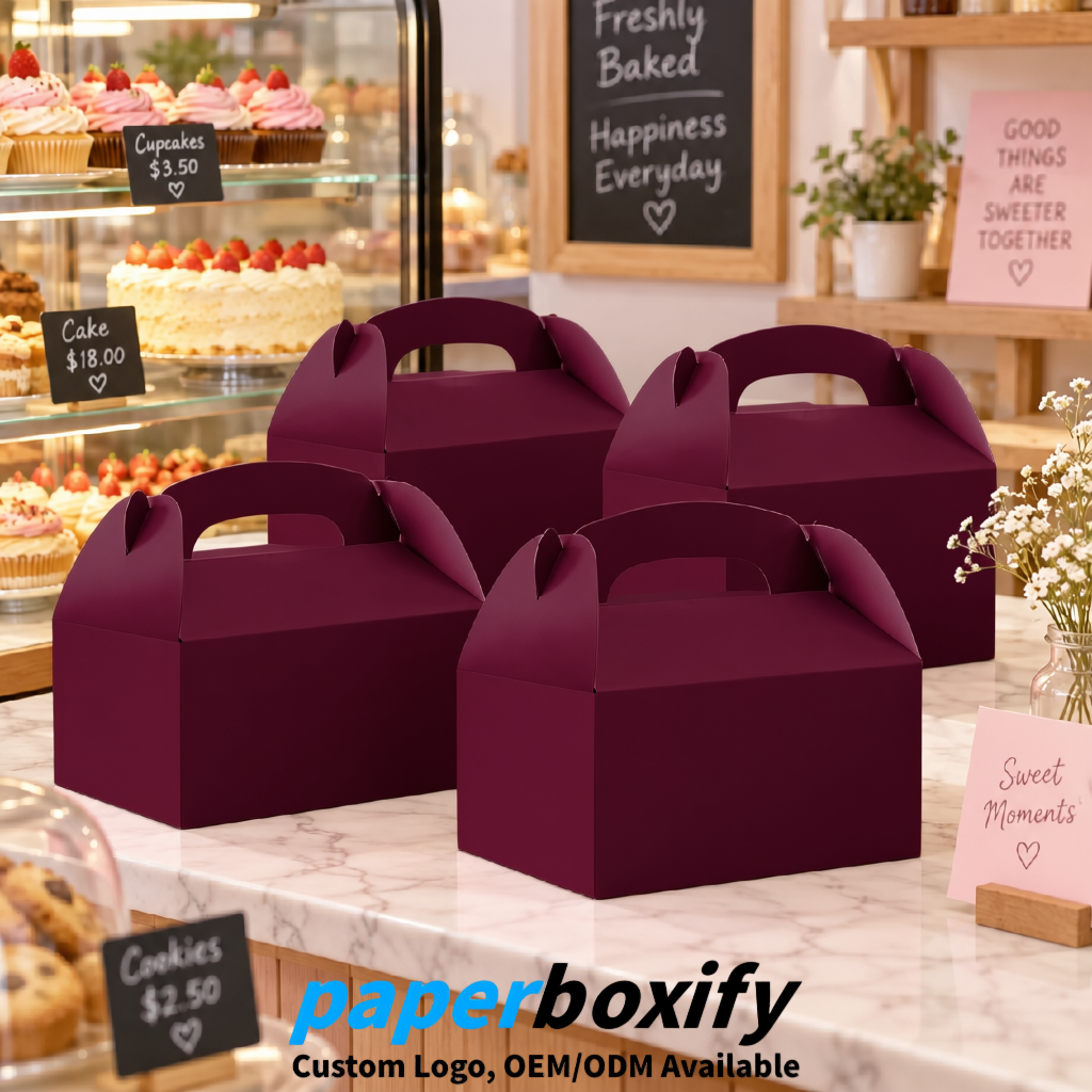 Plum Gable Boxes with Handles 6.22x3.35x3.62 inch Kraft Paper Party Favors Boxes in Bulk