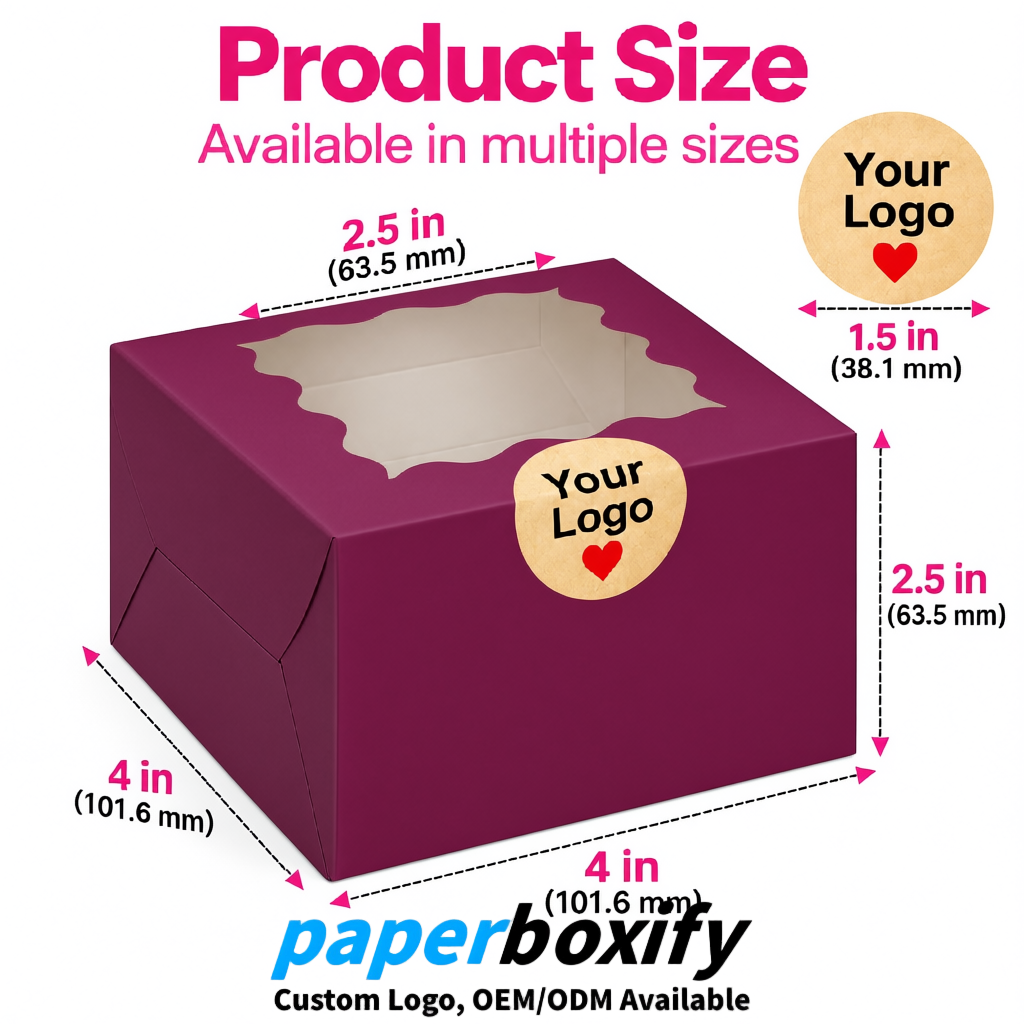 Plum Paper Cookie Boxes with Window and Stickers 4x4x2.5 inch