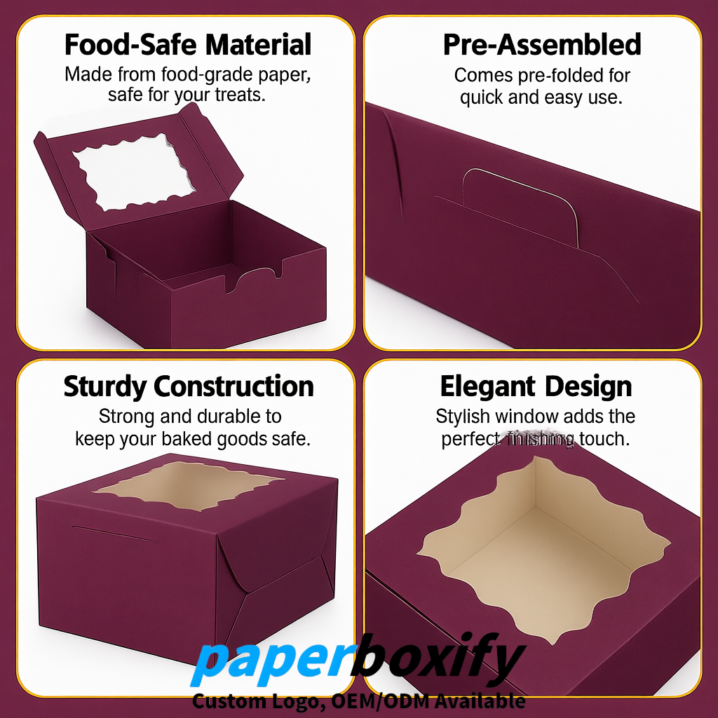 Plum Paper Cookie Boxes with Window and Stickers 4x4x2.5 inch