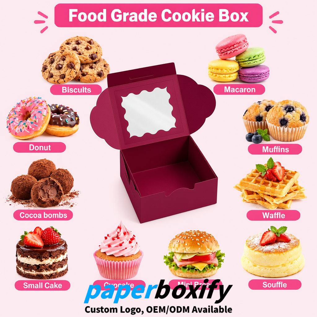 Plum Paper Cookie Boxes with Window and Stickers 4x4x2.5 inch