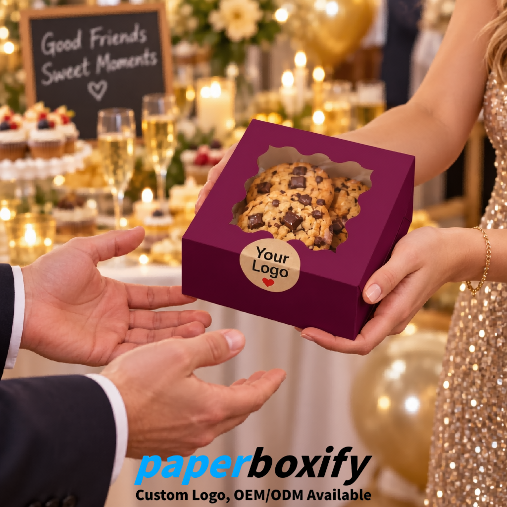 Plum Paper Cookie Boxes with Window and Stickers 4x4x2.5 inch