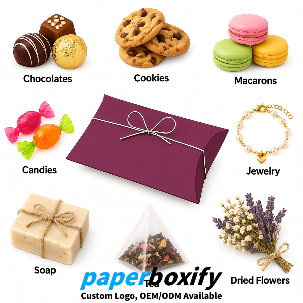 Bulk Plum Kraft Pillow Gift Boxes with Ties 4.7x3x1 inch for Candy & Favors