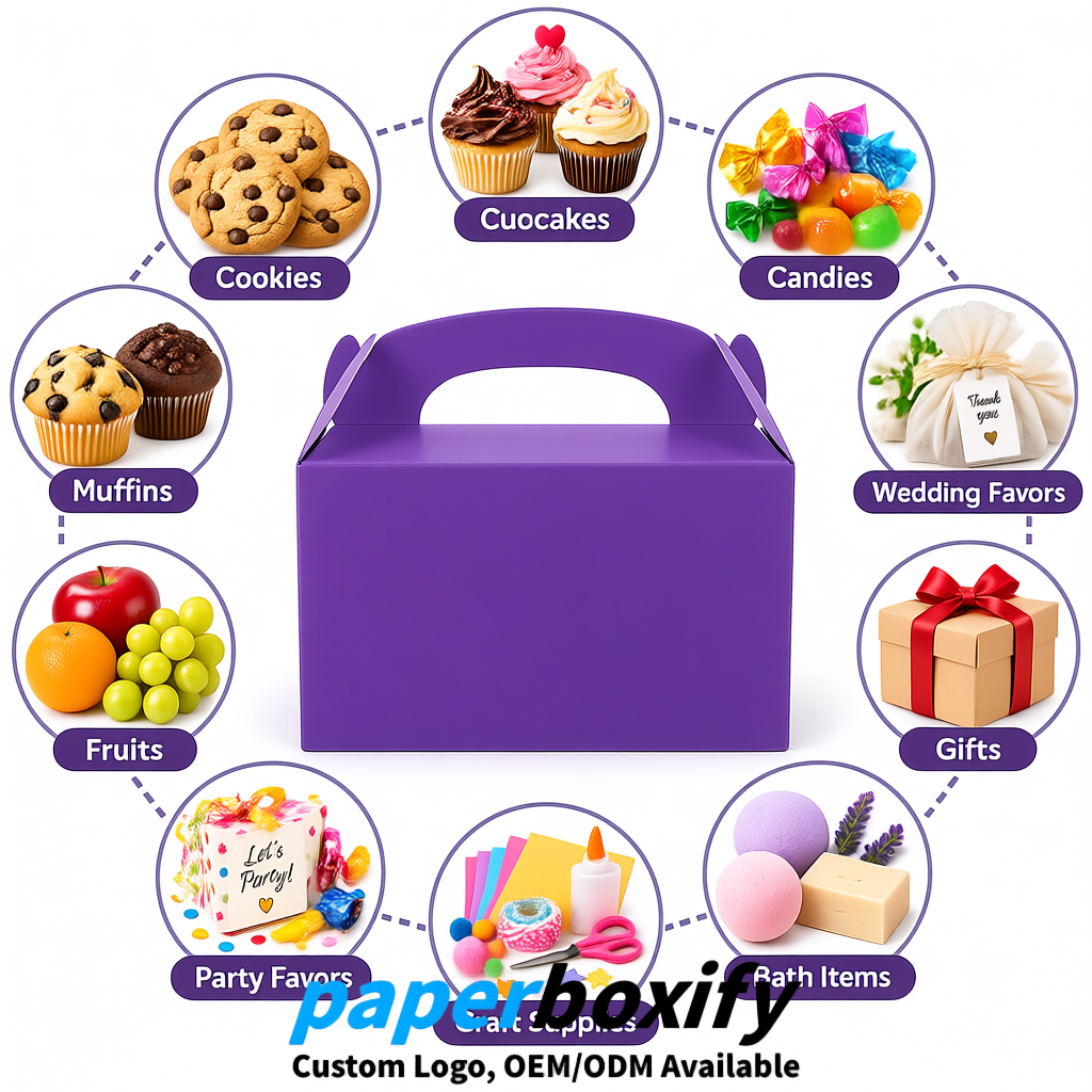 Purple Gable Boxes with Handles 6.22x3.35x3.62 inch Kraft Paper Party Favors Boxes in Bulk