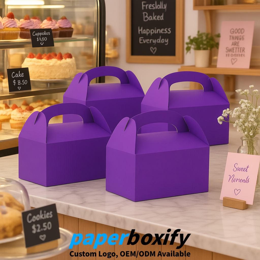 Purple Gable Boxes with Handles 6.22x3.35x3.62 inch Kraft Paper Party Favors Boxes in Bulk