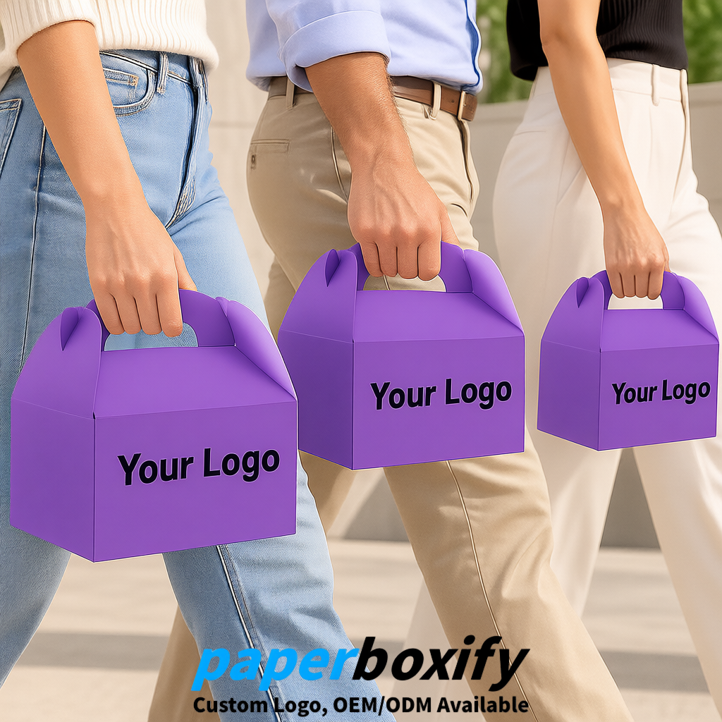 Purple Gable Boxes with Handles 6.22x3.35x3.62 inch Kraft Paper Party Favors Boxes in Bulk Purple Gable Boxes with Handles 6.22x3.35x3.62 inch Kraft Paper Party Favors Boxes in Bulk