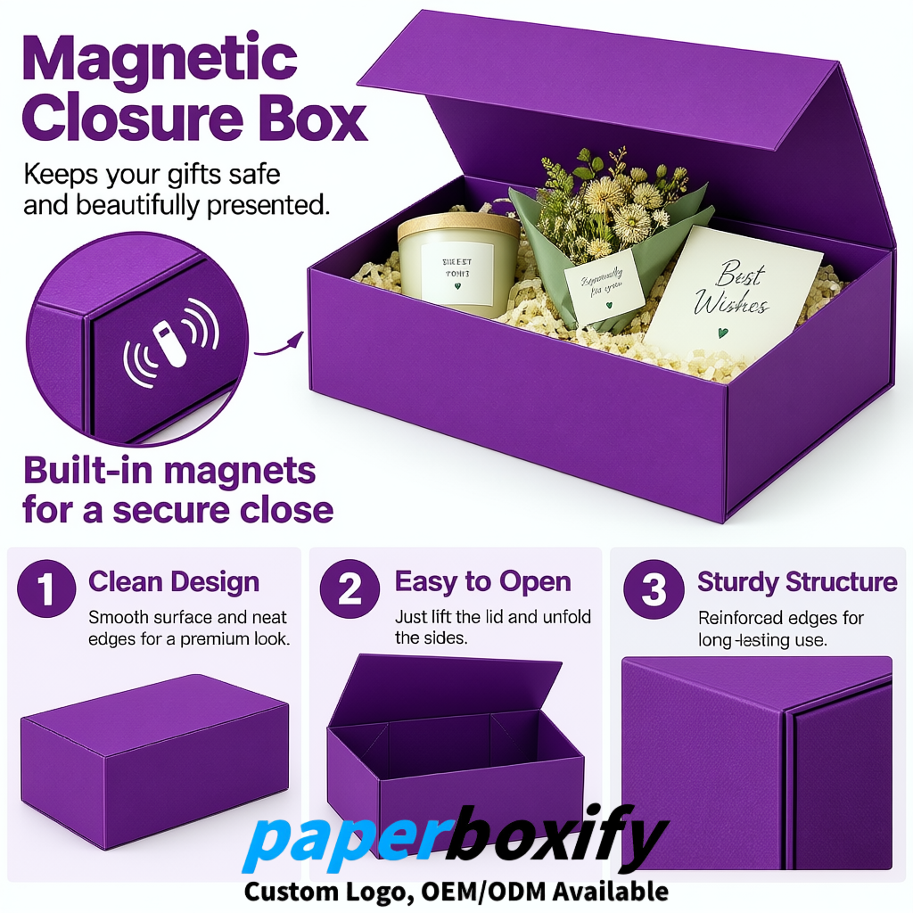 Purple Magnetic Closure Gift Box with Ribbon 13.8x9x4.3 inch Luxury Large Storage Box