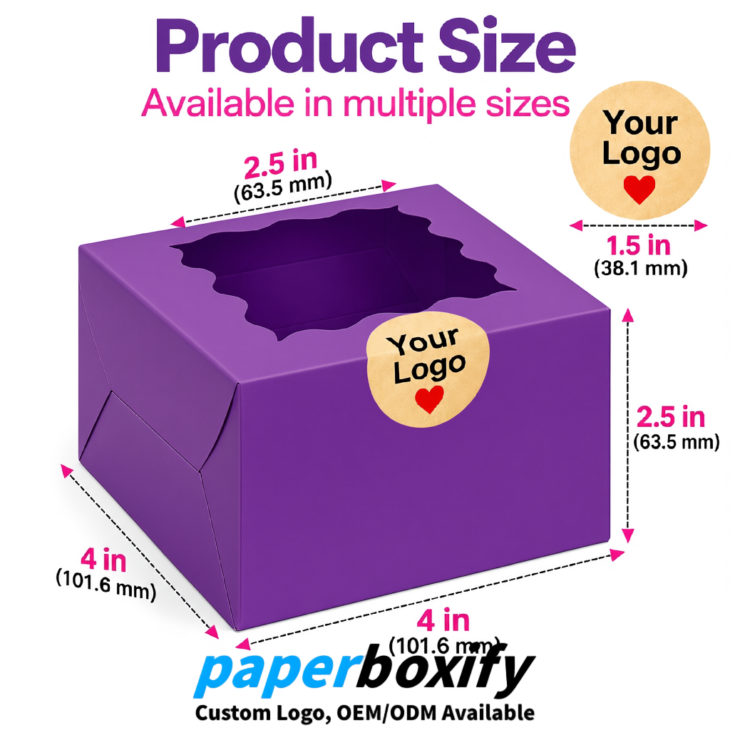 Purple Paper Cookie Boxes with Window and Stickers 4x4x2.5 inch